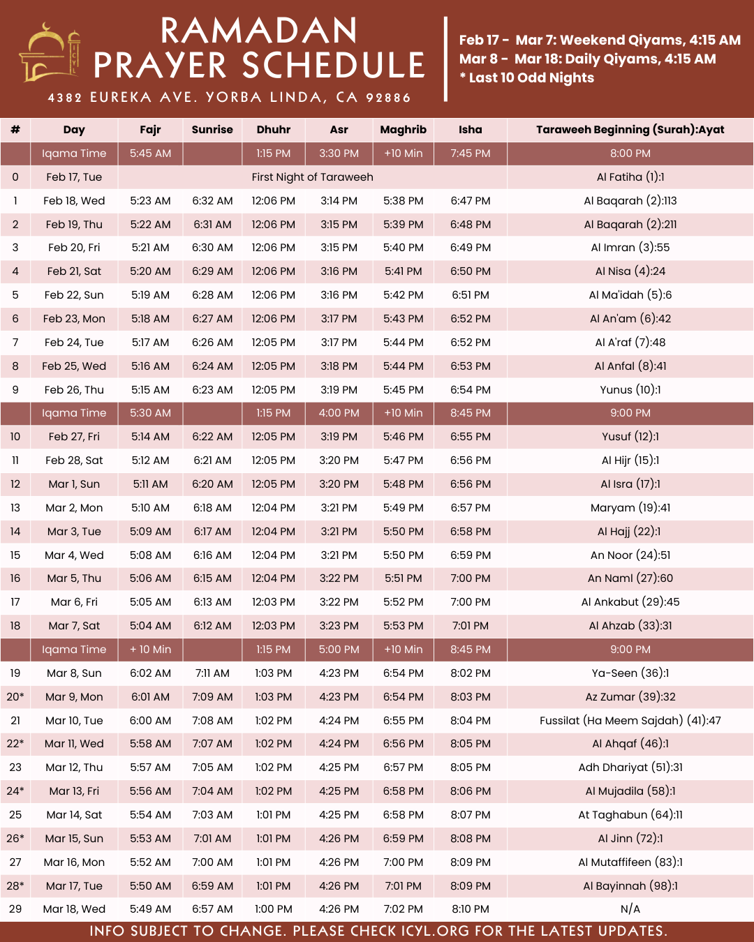 Taraweeh Schedule